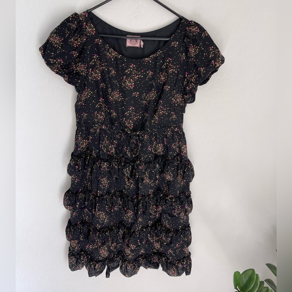 JUICY COUTURE Floral 100% Silk Tiered Ruffle Mini Skater Dress Size 2 - Picture 1 of 9